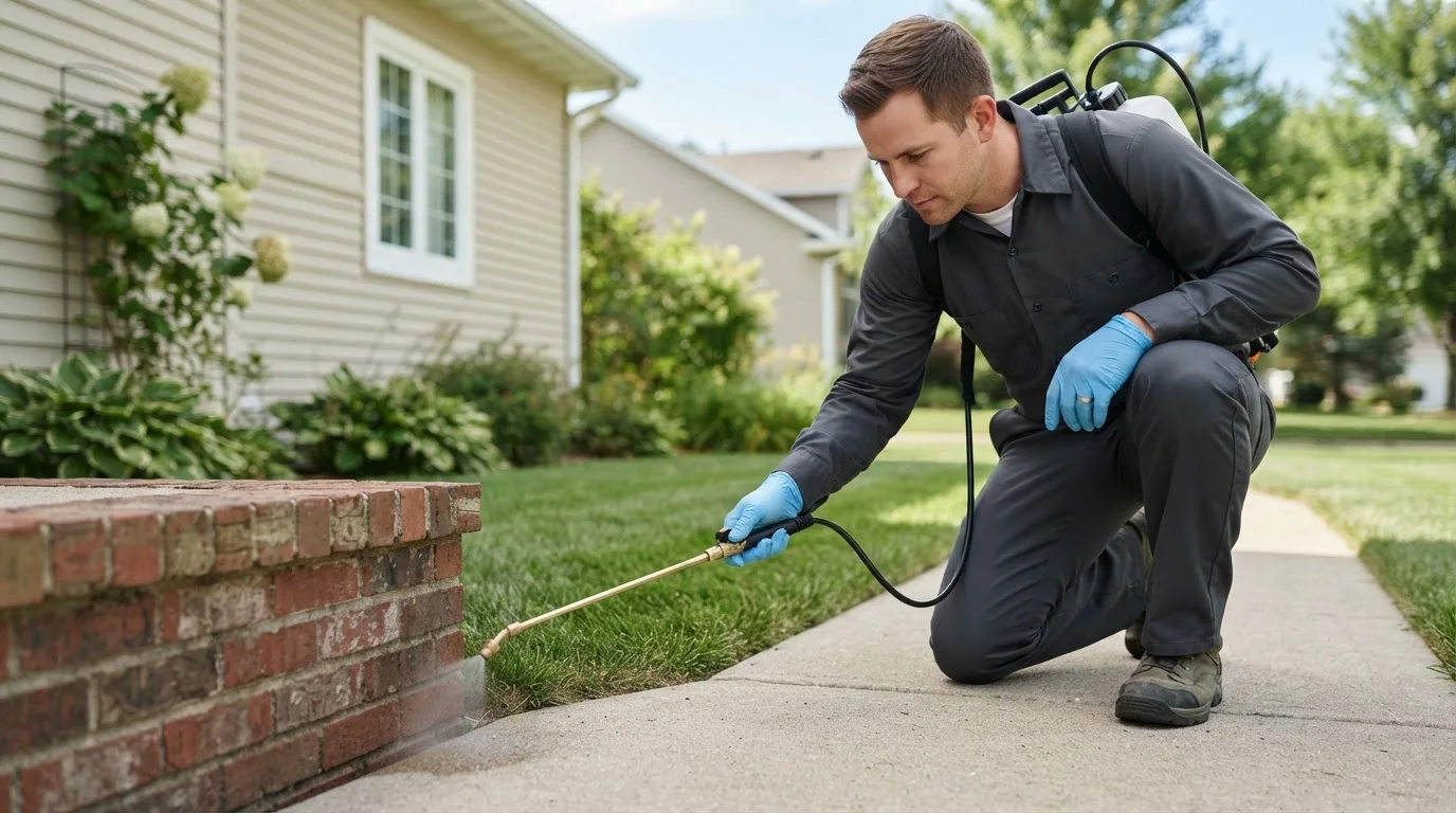 Pest control technician treating a home near Burnham, ME