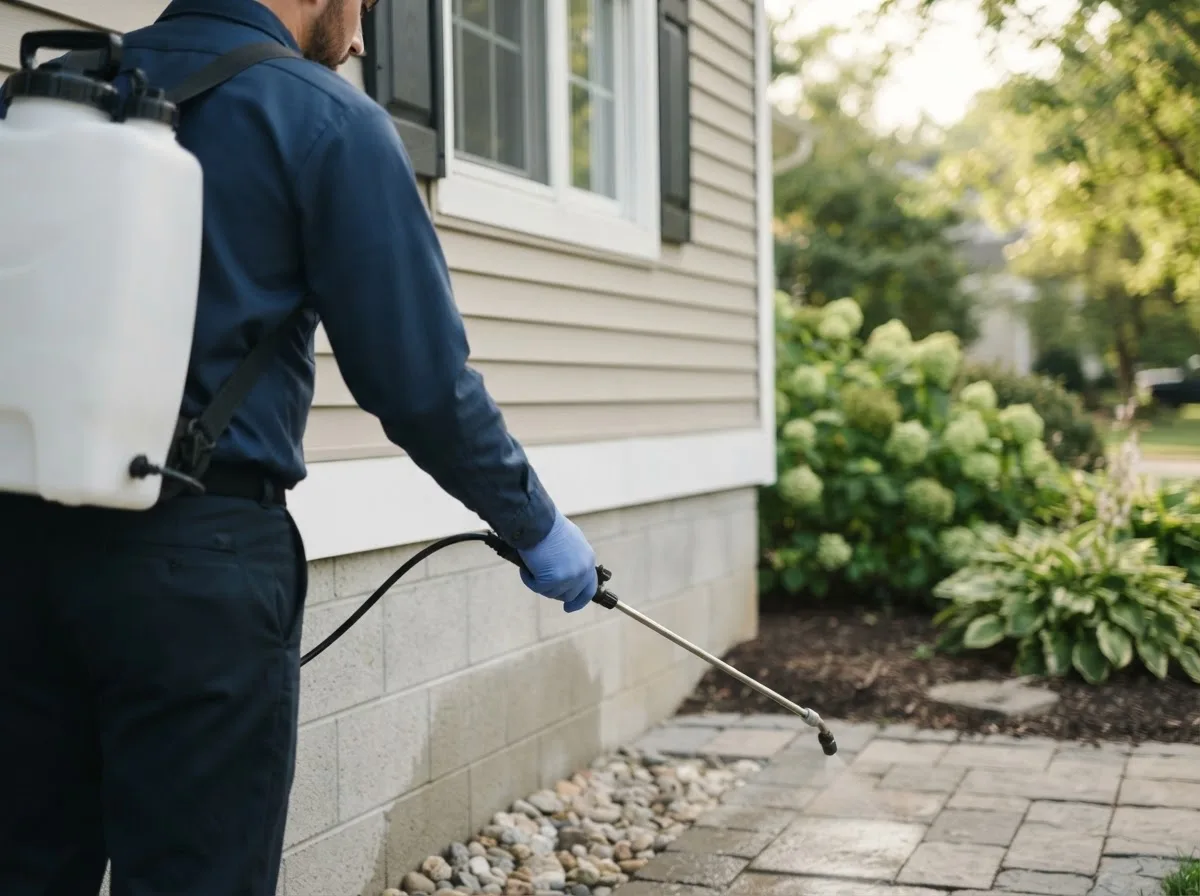 Pest control technician inspecting a home in Burnham, ME